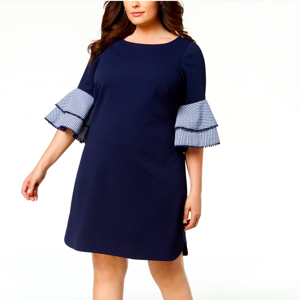 Jessica Howard Navy Blue Midi Dress With Gingham Bell Sleeves